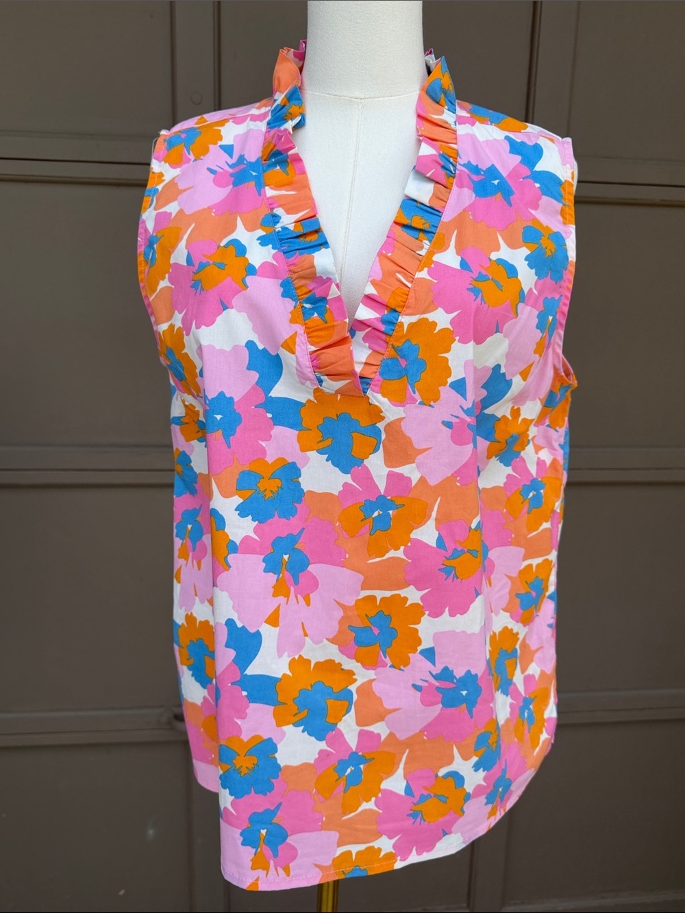Sleeveless Floral Ruffle V-Neck Camisole - Pink Orange Blue